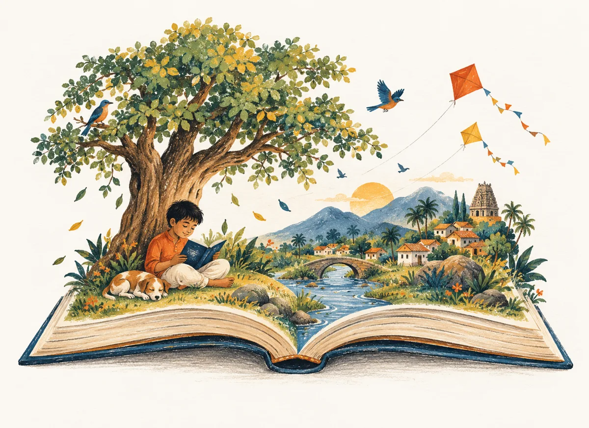 An open book blooms into a tree, a reading child, birds and a world of stories
